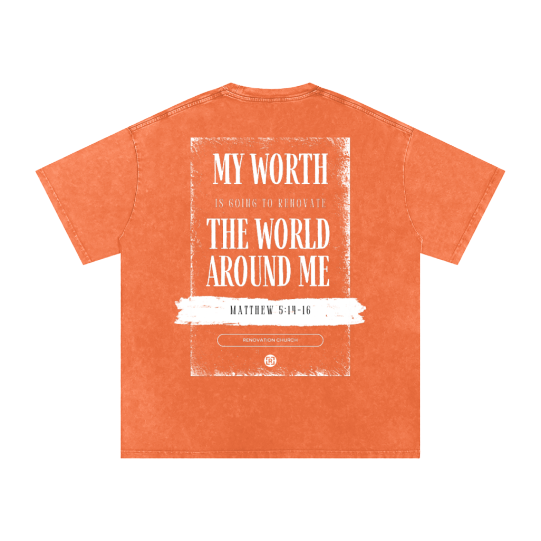 MY WORTH - Orange (Snow Washed Oversized Cotton T-Shirt) — PREORDER
