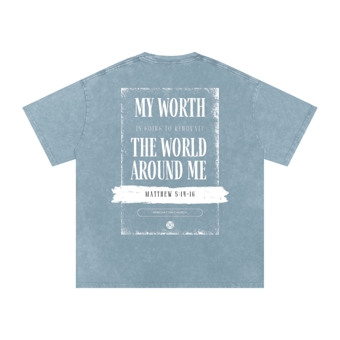 MY WORTH - blue jean (Snow Washed Oversized Cotton T-Shirt) — PREORDER