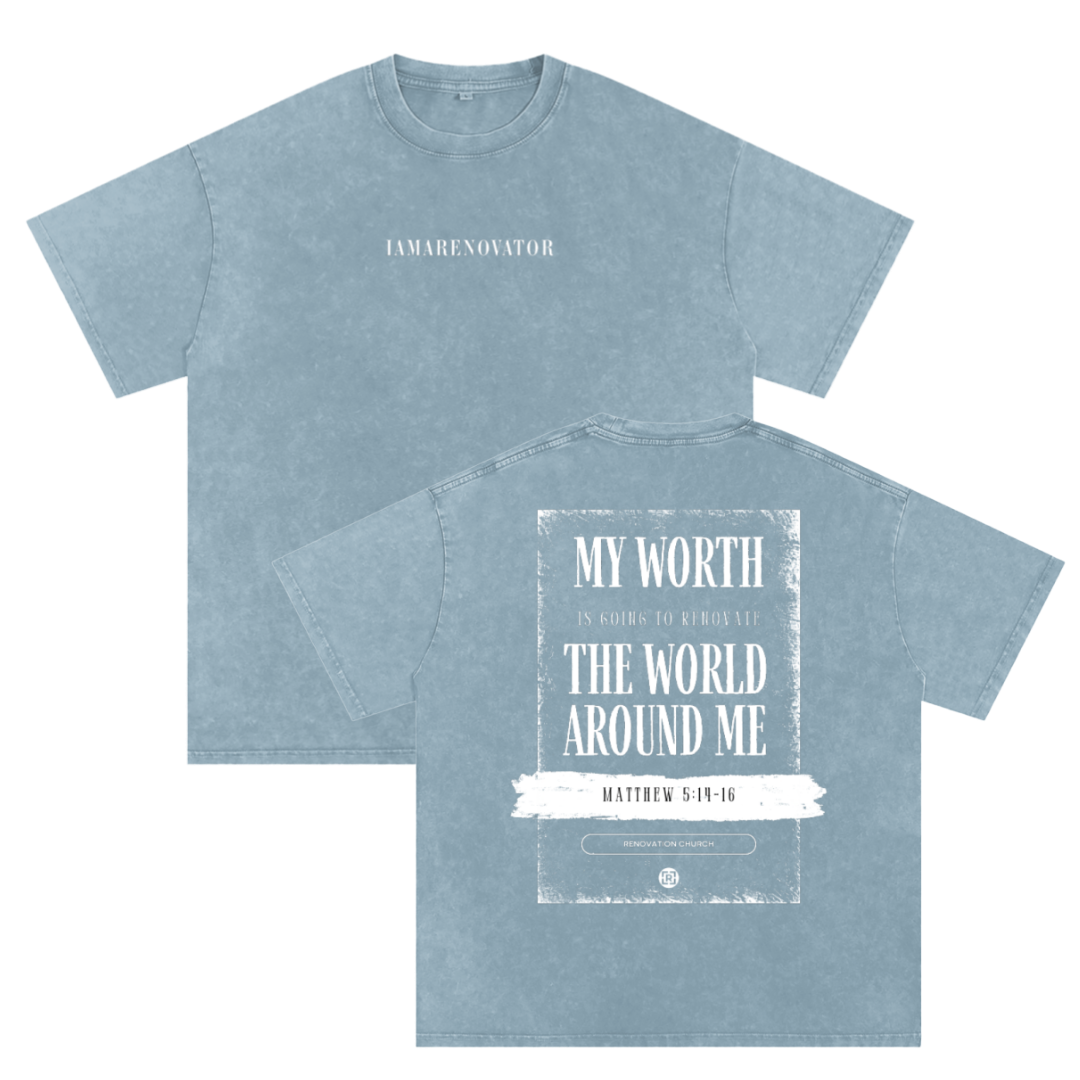 MY WORTH - blue jean (Snow Washed Oversized Cotton T-Shirt) — PREORDER