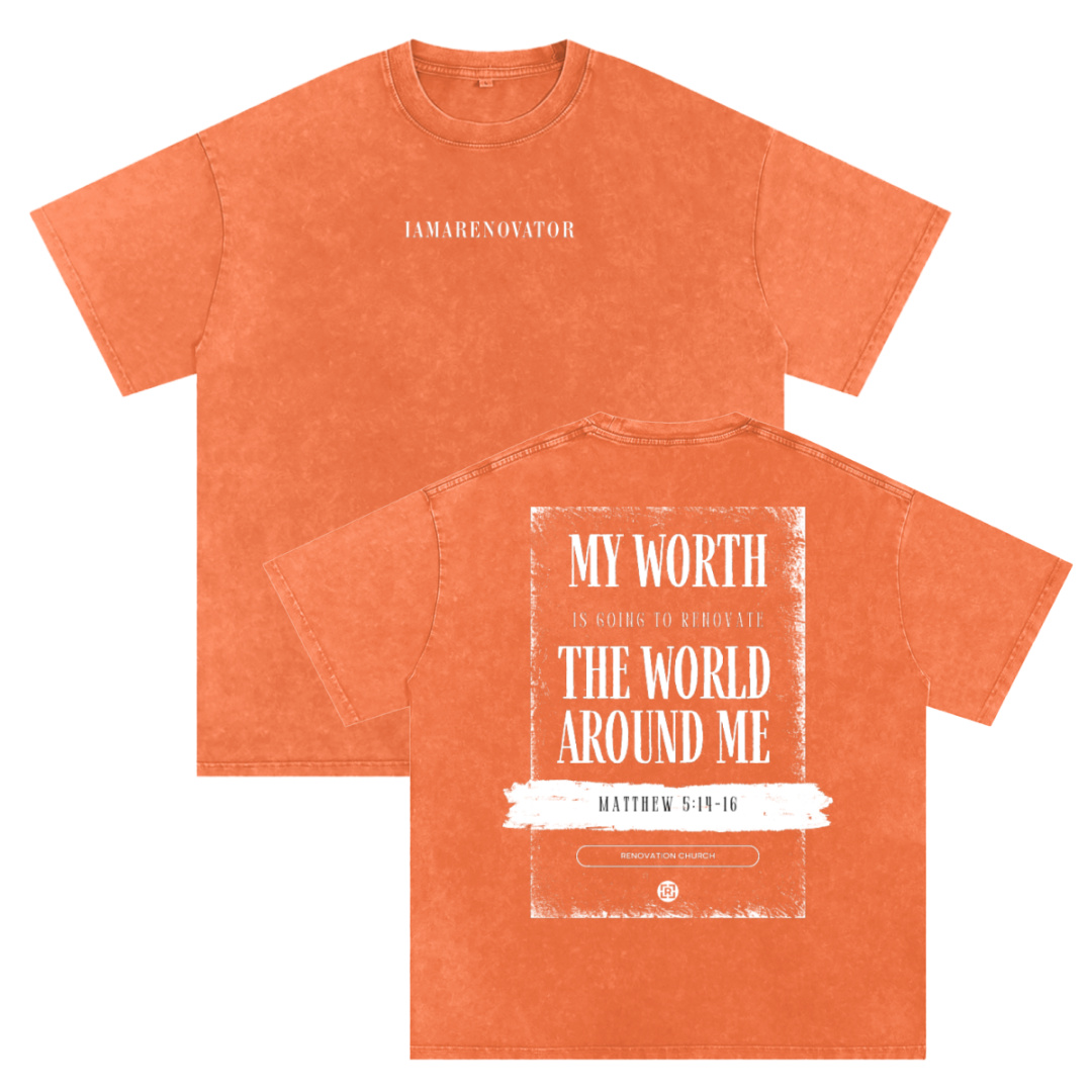 MY WORTH - Orange (Snow Washed Oversized Cotton T-Shirt) — PREORDER