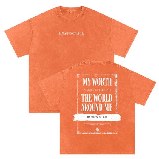 MY WORTH - Orange (Snow Washed Oversized Cotton T-Shirt) — PREORDER